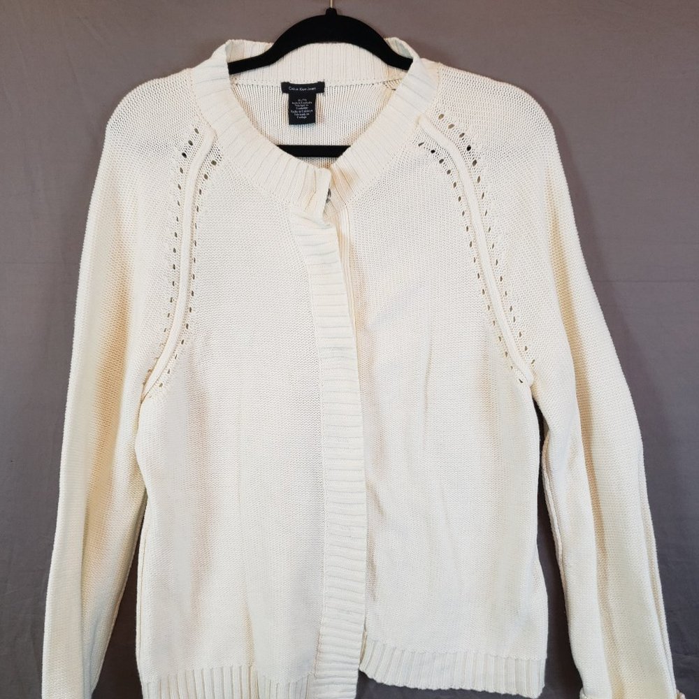 Women’s Calvin Klein Jeans White Tight Knit Button Down Sweater Cardigan Size XL
